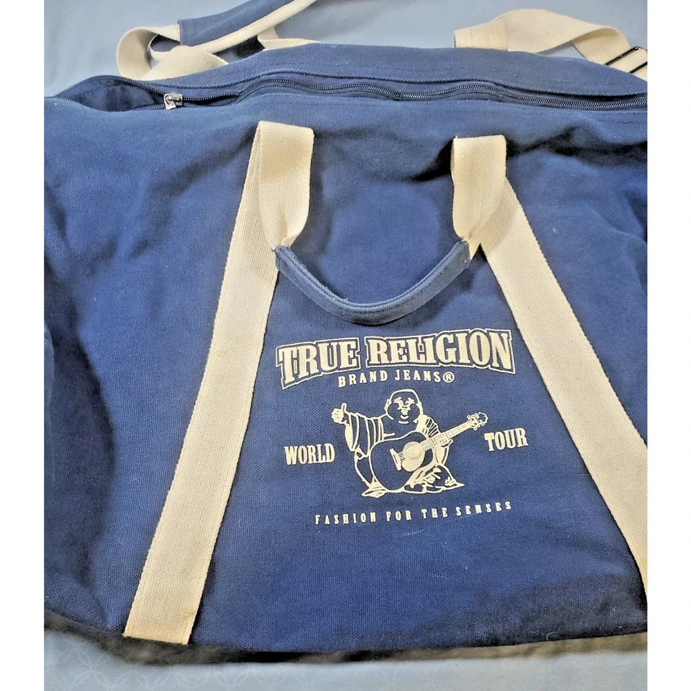 True Religion Canvas Duffle Bag Blue Cream World Tour Buddha Travel Gym Y2K